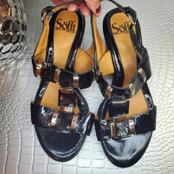 Sofft Black Patent Wedge Heel Sandals Leather size 7 - Picture 4 of 9